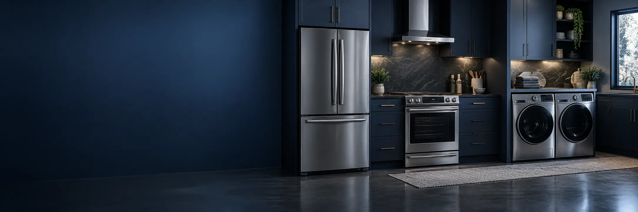 Stainless refrigerator, oven, washer and dryer in a modern home