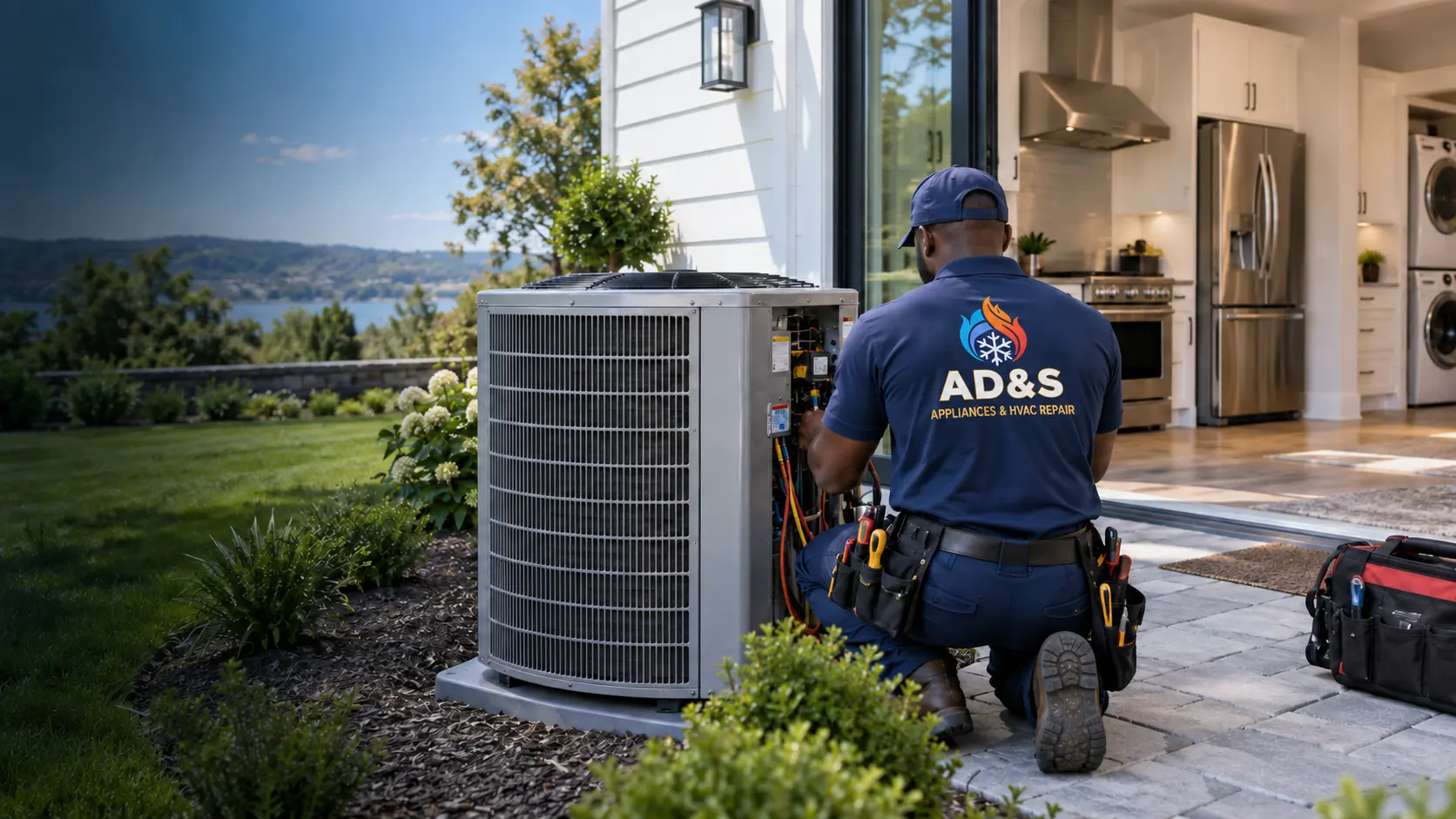 AD&S HVAC technician repairing a central air conditioner beside a modern home