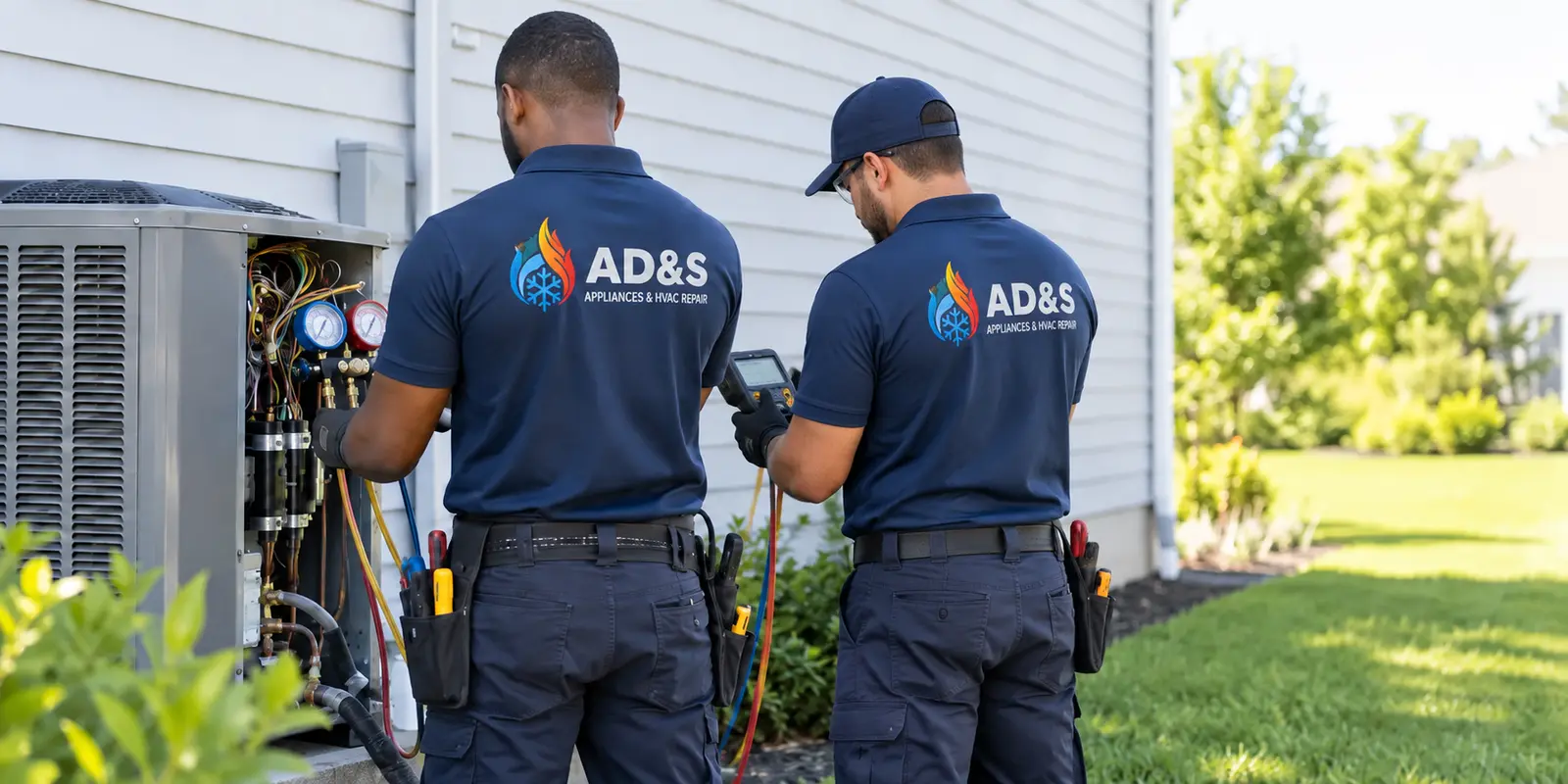 Two AD&S technicians working on an outdoor air-conditioning system